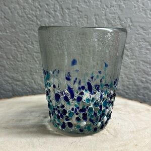 Vintage Fused Blue, White & Green Glass Whiskey Tumbler Lowball Handblown Glass